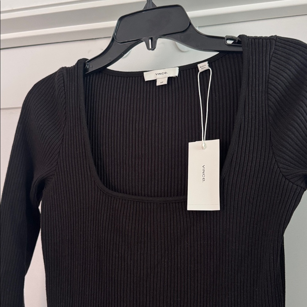NWT Vince Square Neck Knit Dress Long Sleeve Black Ribbed Knit Mini Small $195 - Picture 6 of 7